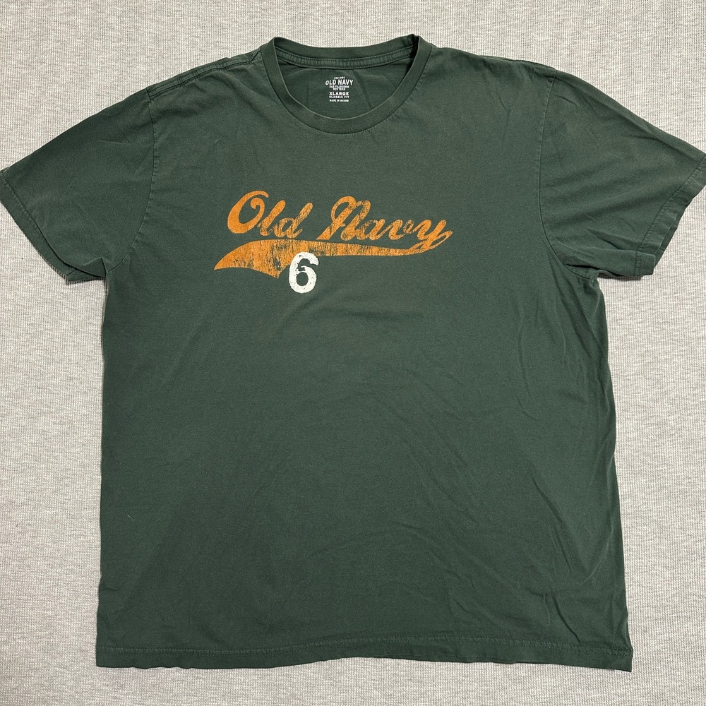 Y2K Old Navy Baseball Script Spellout Number 6 Graphic Tee Forest Green X-Large
